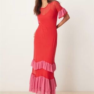 NWT 4 (USA) Never Fully Dressed mesh ruffle maxi dress in red and pink